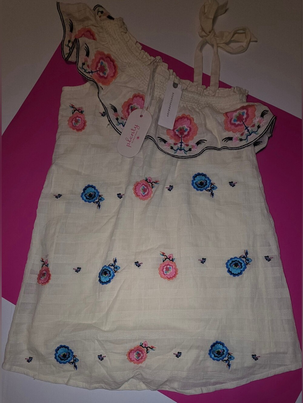 Anthropologie Kids' Cream Sundress with Pink & Blue Floral Embroidery Size 7/8